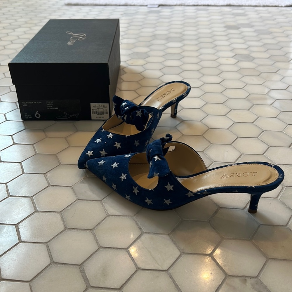 NIB J. Crew blue/silver star mules.